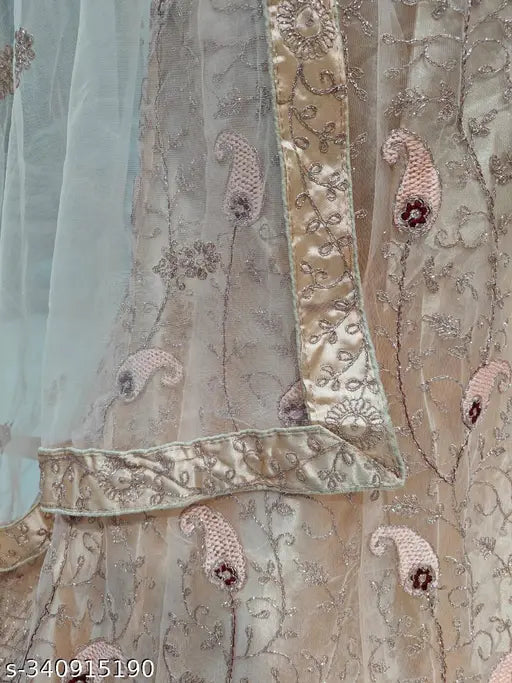 Elegant peach satin-net embroidered lehenga, semi-stitched with 44in waist and length, featuring zari work