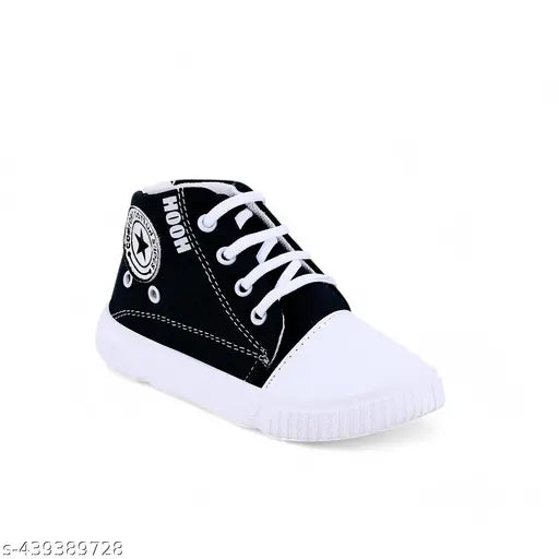 Black canvas and rubber sports sneakers for boys and girls, colorblocked design, easy lace-up closure, ideal for daily wear and play. Stylish and supportive shoes for kids, ages 2 to 10 years. Made in India