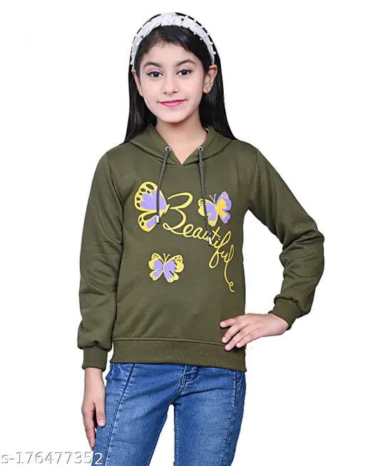 Green printed cotton hooded sweatshirt for girls, stylish casual wear with full sleeves and side pockets
