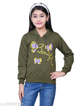 Green printed cotton hooded sweatshirt for girls, stylish casual wear with full sleeves and side pockets