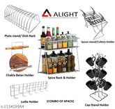 Stainless steel multipurpose dish rack: Ladle cradle, spoon stand, cutlery holder, Chakla belan holder, rolling pin stand, cup stand, spice rack, plate stand - Alight combo pack for efficient kitchen organization