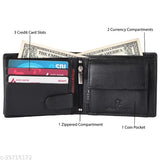 Black top-grain leather men's wallet with RFID blocking, durable for everyday use. Two cash compartments and six card slots