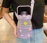Purple Kawaii motivational kids water bottle, 1500ml capacity, with straw, shoulder strap, and leak-proof design, ideal for sports, travel, and outdoor activities