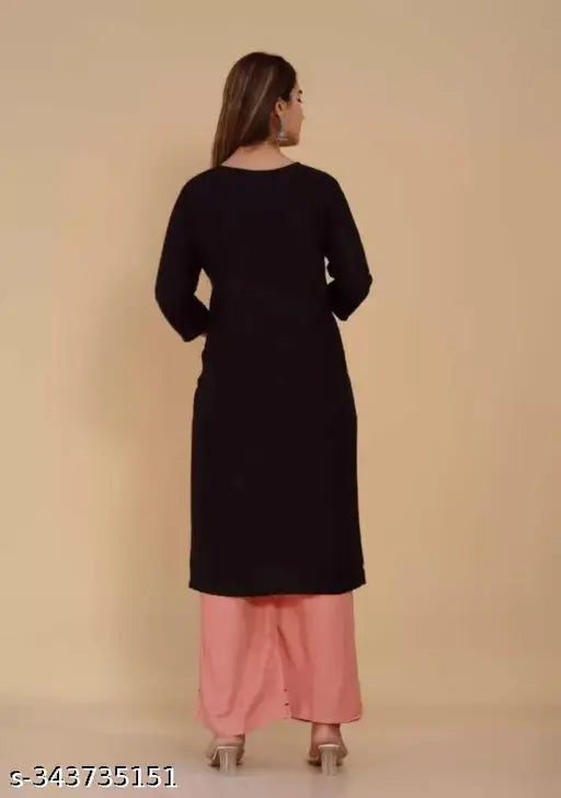 Peach and black embroidered rayon kurta with palazzos, hand-embroidered traditional Indian women's outfit