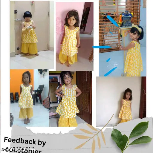 Sunshine yellow sanganeri printed cotton kurti set for kids, vibrant hand block print on sharara bottom with sleeveless top