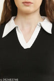 Black lycra formal collar T-shirt for women & girls, solid black and short sleeves