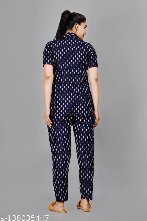 Nevy blue rayon chotti print night suit, hand wash with care, printed net fabric, short sleeves, size S (bust 36in, waist 34in, hip 38in), Indian-made