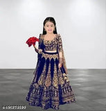 Velvet lehenga for 12 years girl, embroidered with short sleeves and net dupatta. Semi-stitched Indian traditional outfit