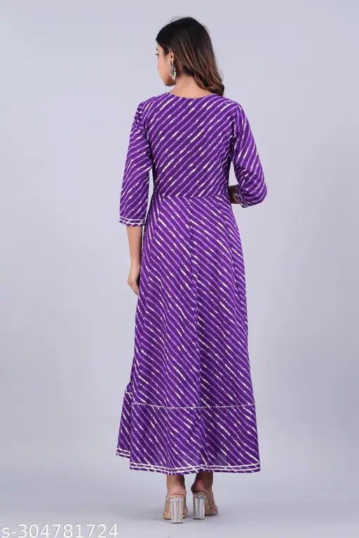 Purple leheriya rayon gown with embroidery, three-quarter sleeves, party wear for women