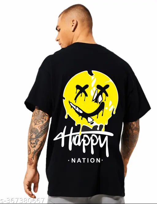 Black cotton oversized Happy Joker t-shirt for men, three-quarter sleeves, printed design, size L (Chest: 45 in, Length: 30.5 in), made in India