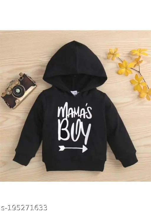 Black cotton full sleeves mamas boy text printed hoodie for baby - unisex, teddy print, summer-autumn-spring wear
