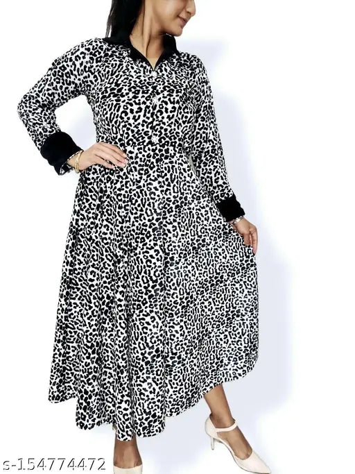 Indian velvet leopard print kurti gown, long sleeves and comfortable fit