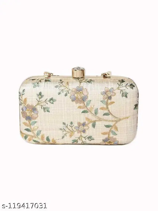 Multicolor & white faux silk tulle sequins embroidered clutch, free size (7in L x 3in W), Tanishqa Creations handcrafted with natural leaves and gold detailing