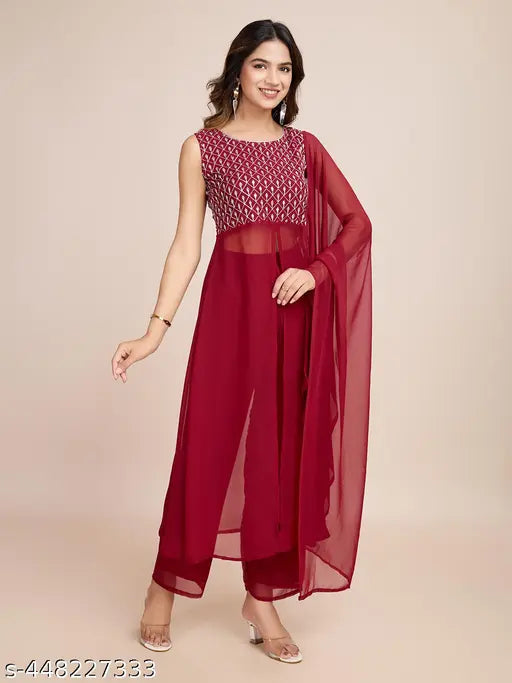 Georgette off-shoulder floral embroidered Kurta set with dupatta and salwar, traditional Indian party wear for summer weddings