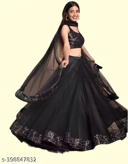 New Sequence Work Black Lehenga Choli in Soft Velvet & Net Fabric. Embellished topwear, solid dupatta and bottomwear. Semi-stitched or unstitched for sizes 42m/42in, free size also available. Indian designer party wear lehenga choli." (123 characters)