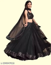 New Sequence Work Black Lehenga Choli in Soft Velvet & Net Fabric. Embellished topwear, solid dupatta and bottomwear. Semi-stitched or unstitched for sizes 42m/42in, free size also available. Indian designer party wear lehenga choli." (123 characters)