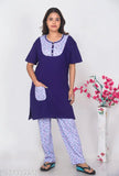 Hosiery long nightgown, printed net pyjamas with short sleeves and XXL size (Top bust 44in, Top length 35in, Bottom waist 40in, Bottom length 40in). Made in India