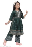 Green Rayon Kid Girls Naira Cut Kurta set, vibrant printed palazzo style