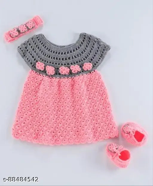 Acrylic grey and coral flowered frock with hairband and booties, self-design pattern for children's clothing