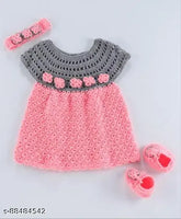 Acrylic grey and coral flowered frock with hairband and booties, self-design pattern for children's clothing