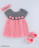 Acrylic grey and coral flowered frock with hairband and booties, self-design pattern for children's clothing