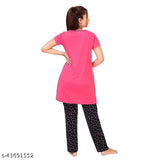 Flower printed cotton pyjama suite for women, soft and comfortable nightwear with wide round neck