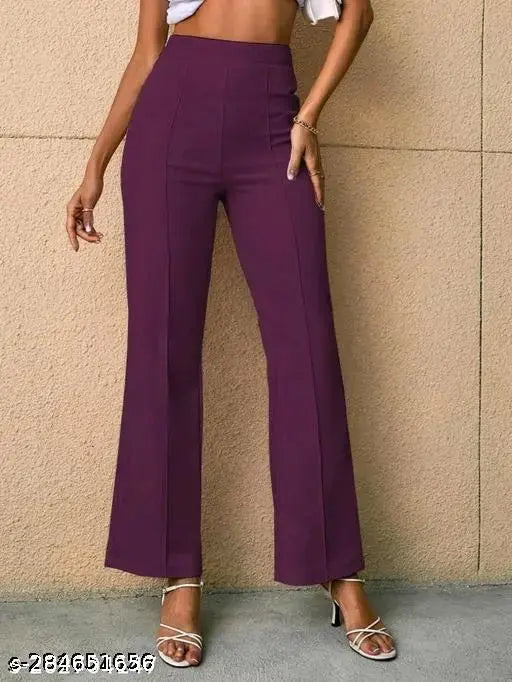 Cotton blend bell-bottom trousers, solid color in sizes 28, 30, 32, 34 for women, made in India