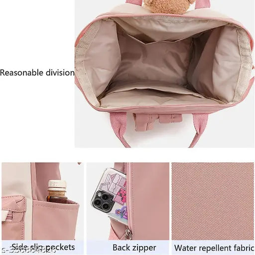 Water-resistant polyester maternity diaper bag, printed bear design, large capacity with functional pockets and waterproof accessories, perfect for baby essentials and on-the-go needs