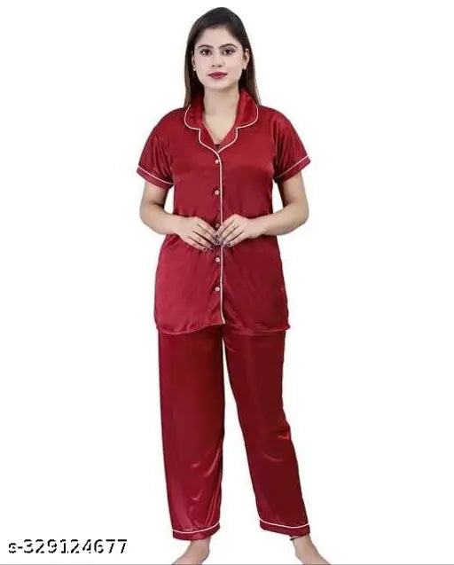 Women's satin nightwear pajama set, soft & strong elastic closure for comfort
