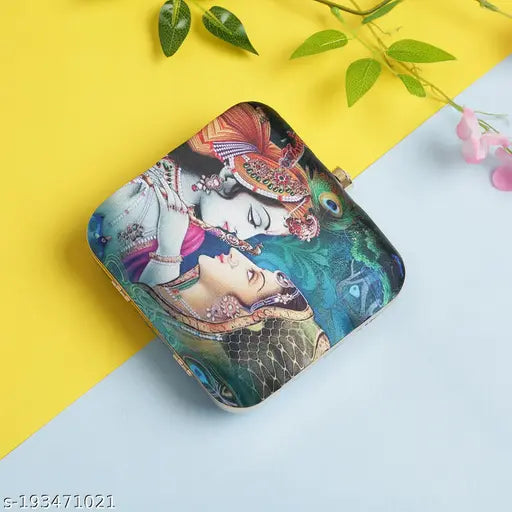 Vastans Radha Krishna printed satin-silk women's clutch with detachable sling chain, ideal for work, travel or gifting