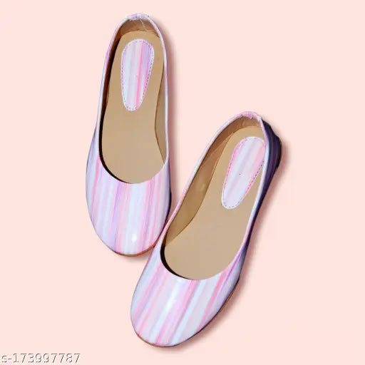 Synthetic rainbow striped ballerinas, durable and comfortable, printed with rinkle-free patent regsine. Ind-3 to Ind-8 sizes available. Made in India
