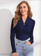 Navy blue Lycra long-sleeve ZIP Bodyfit t-shirt for women and girls, Made in India