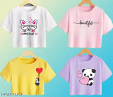 Cotton blend crop top, printed net trendy round neck for women and girls - short sleeves, size M (36 in bust)