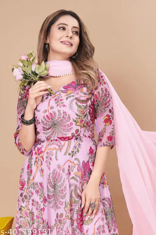 Pink Georgette, three-quarter sleeve floral printed dress with dupatta, Indian ethnic wear set for women