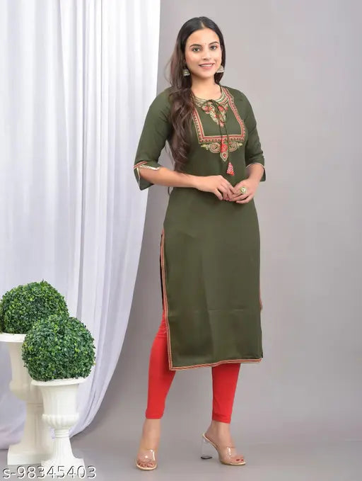 Rayon embroidered straight kurti for women, three-quarter sleeves, Indian origin, size S-5XL