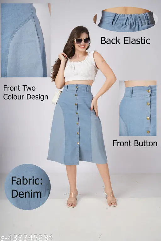 Colorblocked denim women's & girls multi-design skirt, size 28/30/32/34/36, Indian origin
