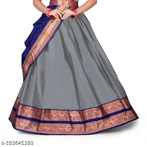 South Indian princess bridal lehenga choli set in cotton blend, art silk, and chanderi silk. Unstitched for custom sizing from 11-15 years or free size. Solid floral lehenga and solid zari top and dupatta