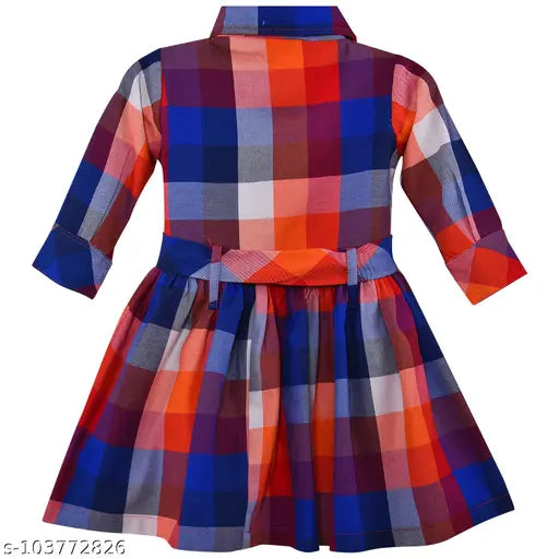 Multicolor cotton frock dress, long sleeves, printed pattern on 7-8 year old girl, India origin