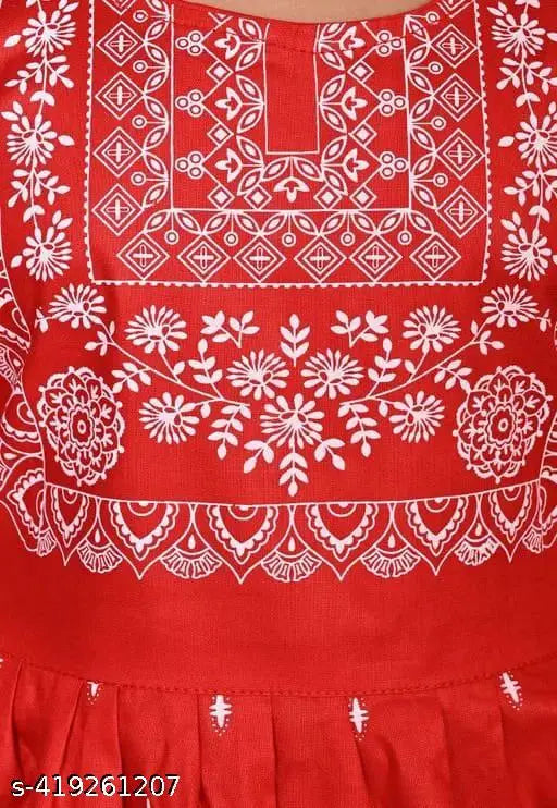 Red baby girl's festive Nayra cut cotton blend kurta and churidar set with printed floral design, suitable for parties and family gatherings. Breathable, comfortable, and stylish, available in sizes from 1-2 to 9-10 years. Indian origin