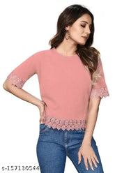 Indian designer crepe AC-03 BEBO-CREAM solid short sleeve women's top, XS (34in bust, 24in length)