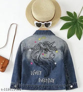 Printed denim unicorn jacket for kids, vibrant colors, sizes 2-3yrs, 4-5yrs, 7-8yrs. Made in India