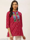 Trendy printed cotton ikat short length frocktopkurti top, three-quarter sleeves with mandarin collar, suitable for casual, festive & party wear