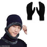 Navy blue textured woolen beanie cap set with neck warmer-scarf, unisex and snow-proof for winter, made in India