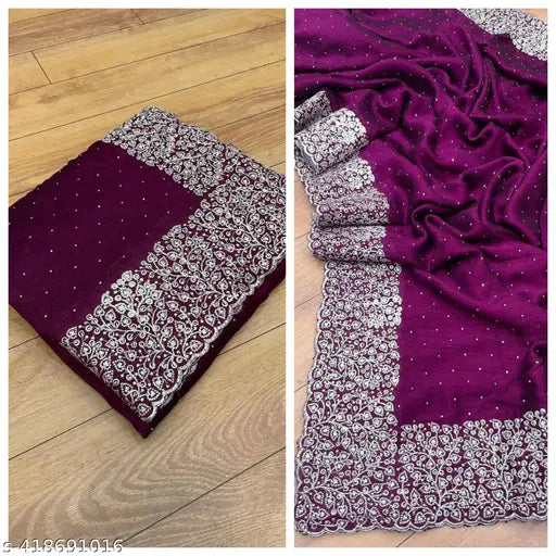 Designer Vichitra Silk saree with Swarovski stone work, elegant and embellished net pattern, perfect for ethnic wardrobe