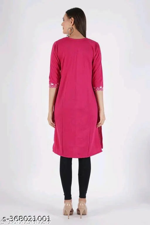 Pink embroidered wool ALine Kurta for women, calf-length with three-quarter sleeves. Soft and cozy winterwear for parties or daily wear, made in India." (114 characters)