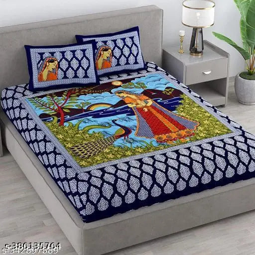 Trendy peacock-printed superfine cotton double bed sheets, 180TC, 2 pillow covers, summer ready