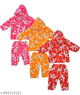 Kids winter wear hoodie and pajama combo set of 3 - wool, long sleeves, printed (0-3M, 0-6M, 3-6M sizes)