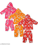 Kids winter wear hoodie and pajama combo set of 3 - wool, long sleeves, printed (0-3M, 0-6M, 3-6M sizes)
