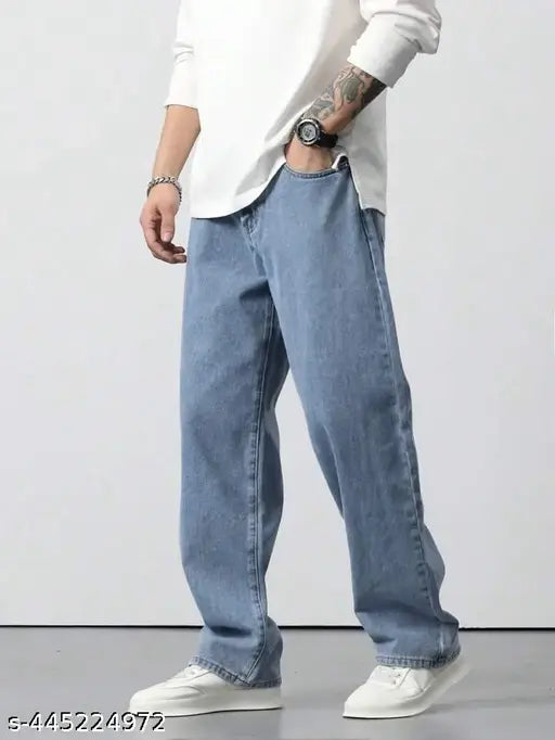 Light blue denim men's regular baggy loose jeans, solid pattern, size 28/30/32, India origin