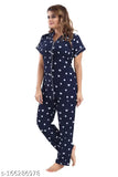 Navy Blue Women's Cotton calssy Printed Night Suit Set (XL/XXL), short sleeves, comfortable pyjama & shirt set for girls and women